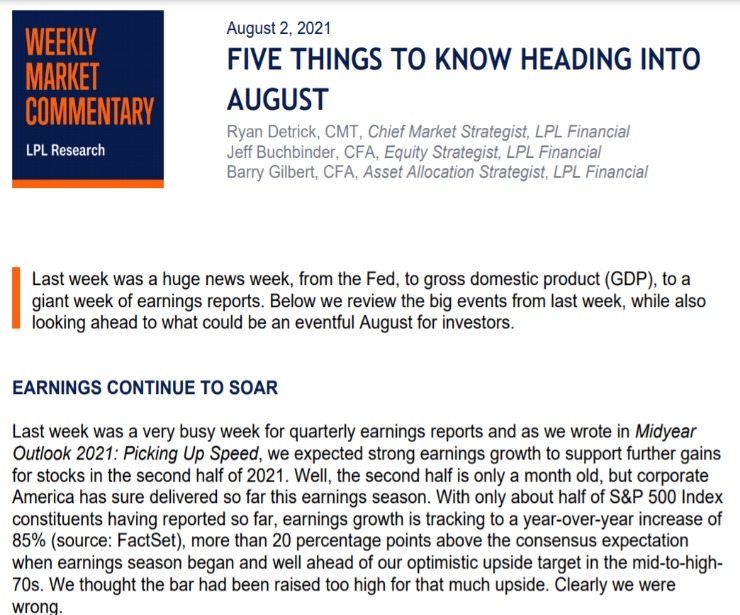 Five Things To Know Heading Into August | Weekly Market Commentary | August 2, 2021